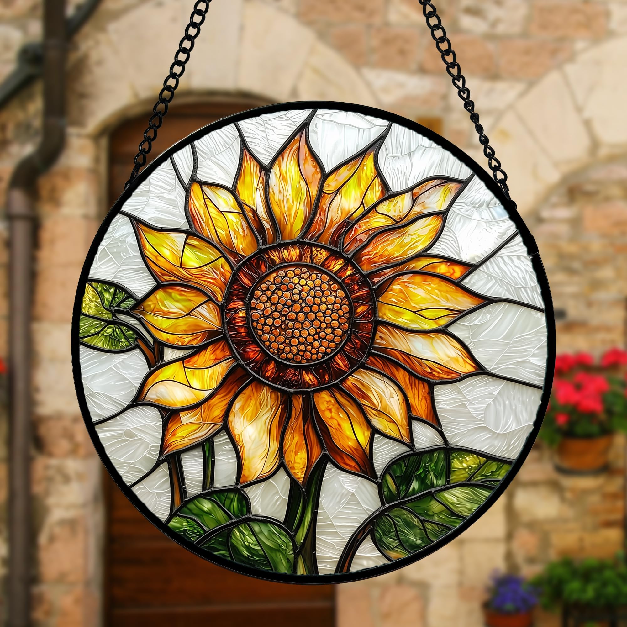 Close-up of DASTOLL Sunflower Stained Glass Suncatcher details
