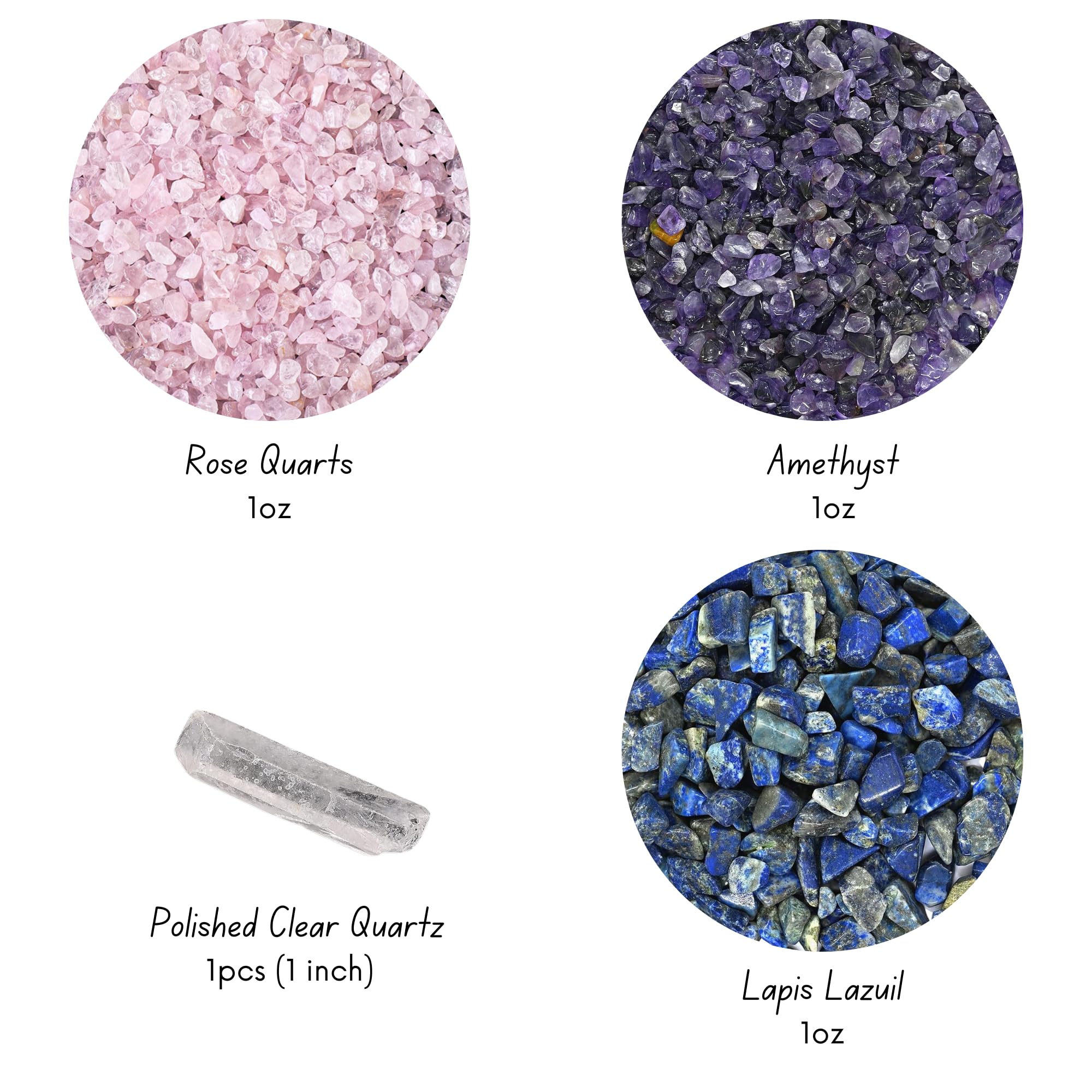 Close-up of decorative crystals: Rose Quartz, Lapis Lazuli, Amethyst