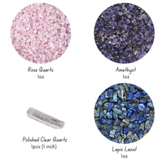 Close-up of decorative crystals: Rose Quartz, Lapis Lazuli, Amethyst