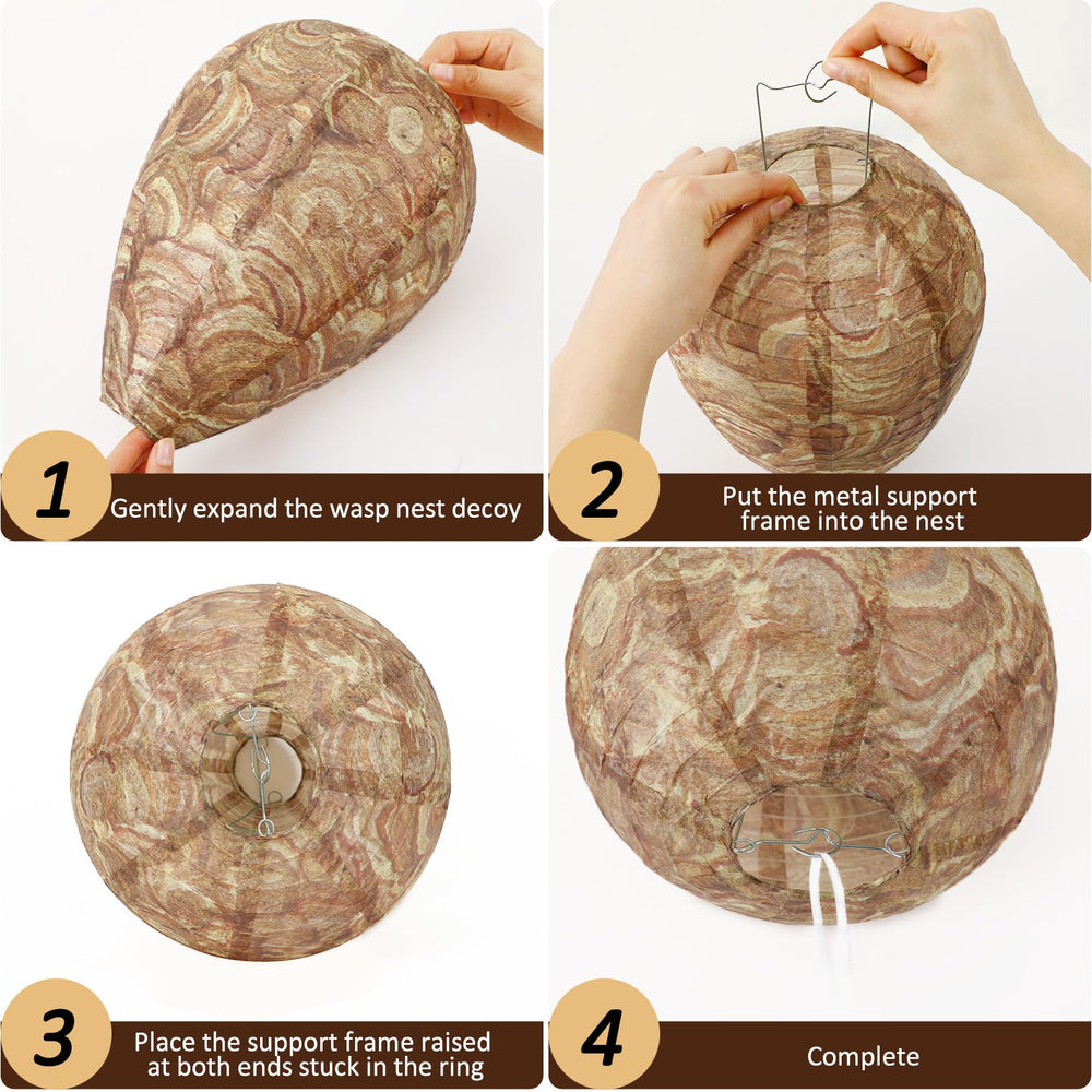 Close-up of DECYOOL wasp nest decoy with dimensions