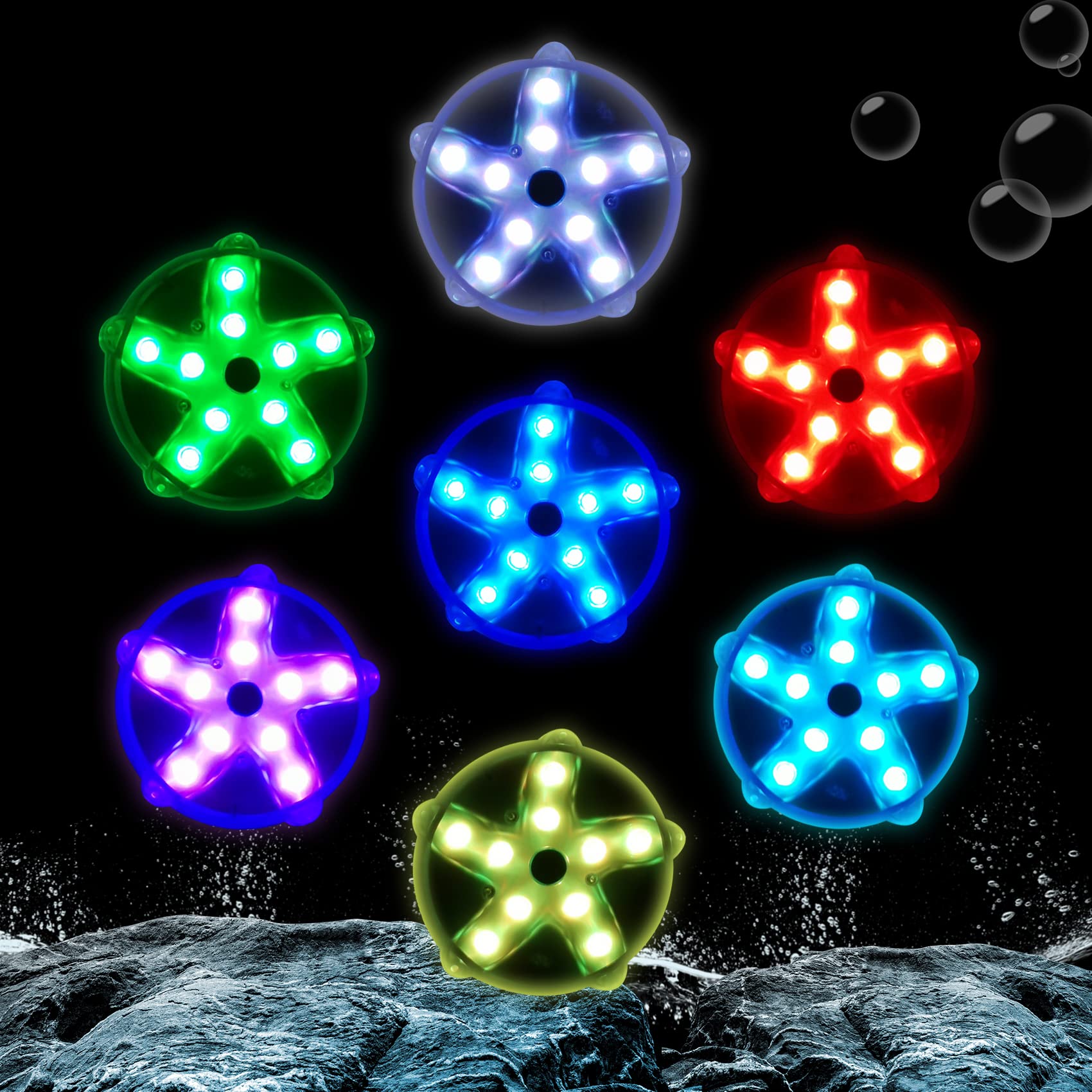 Close-up of DeeprBetter Floating Pool Lights showing color options