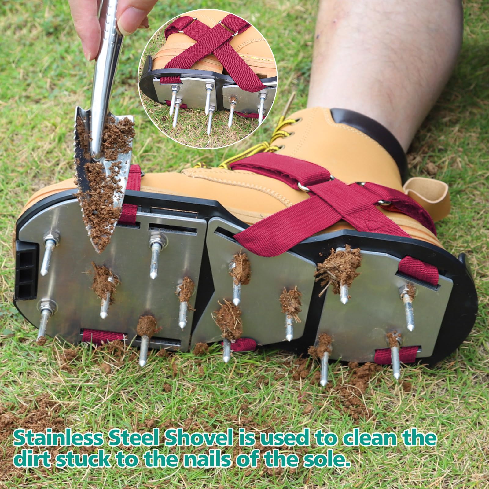 Close-up of DenForste Lawn Aerator Shoes base construction
