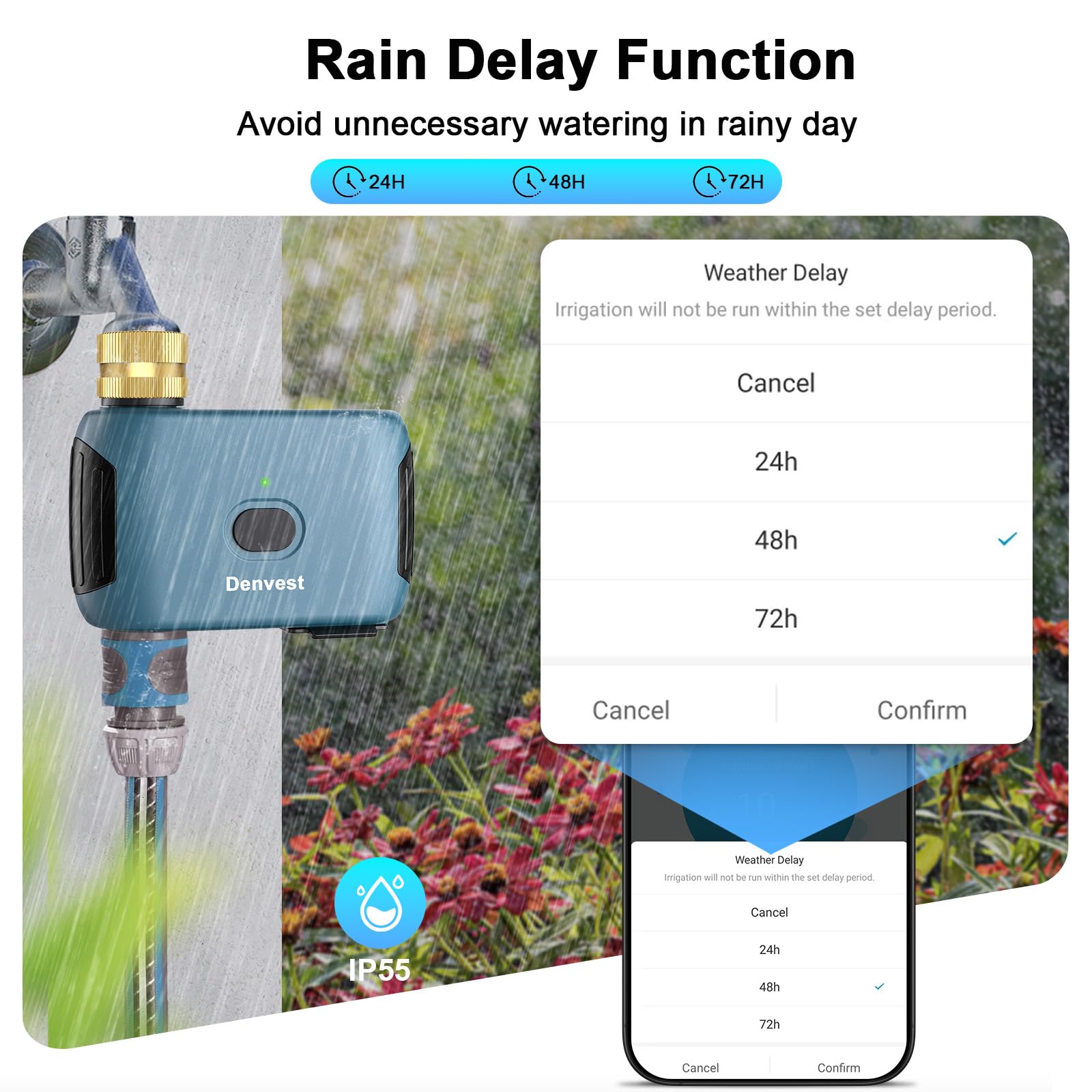 Close-up of Denvest WiFi Water Timer showing waterproof feature