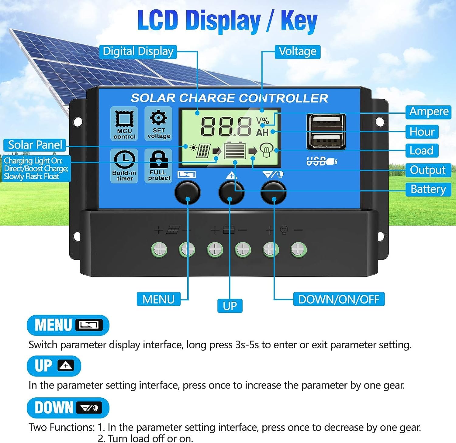 Close-up of Depvko 30A Solar Charge Controller LCD display