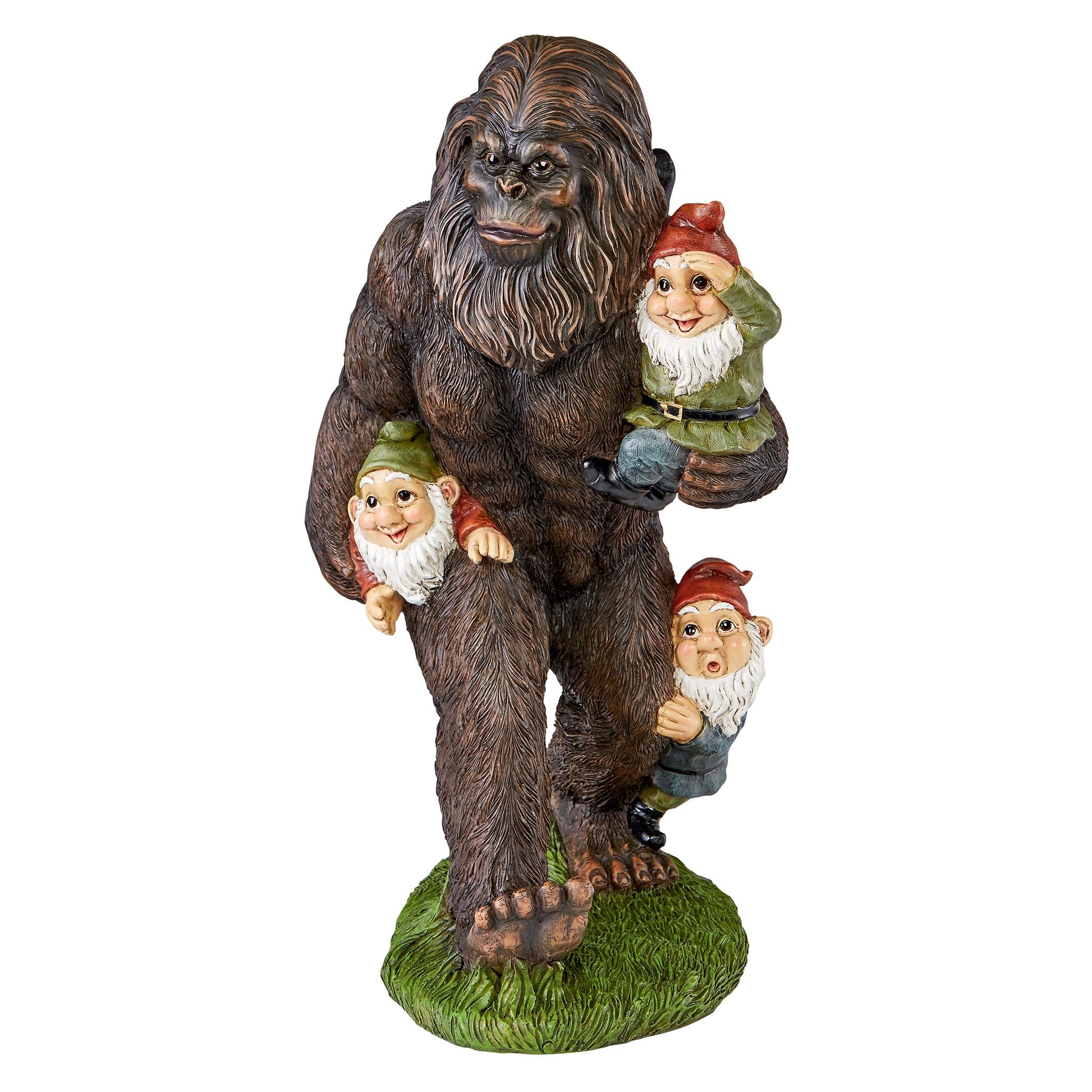 Close-up of Design Toscano Yeti with gnomes on back