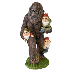 Close-up of Design Toscano Yeti with gnomes on back