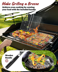 Close-up of detachable wooden handle attached to grill basket