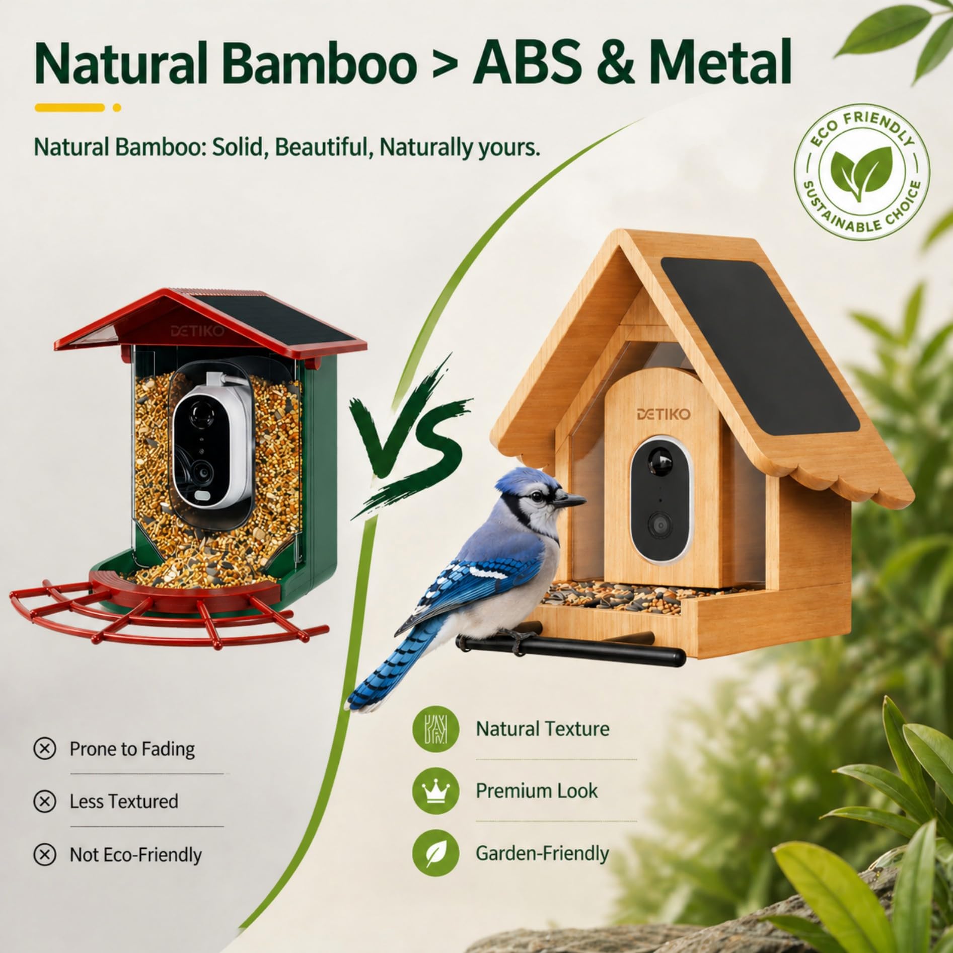 Close-up of DETIKO Smart Bird Feeder showing solar panel
