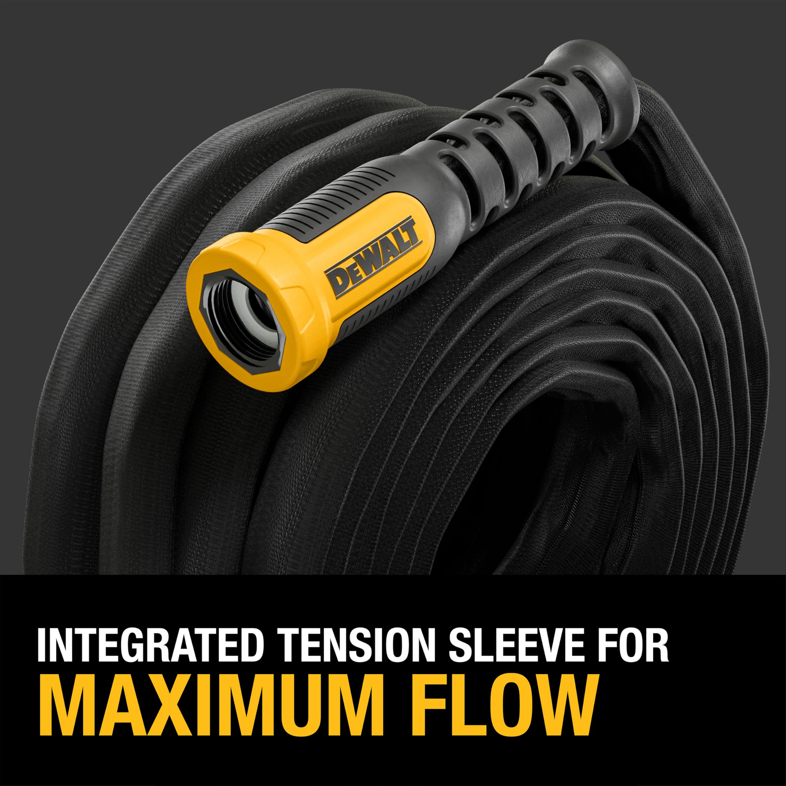 Close-up of DEWALT hose couplings and strain relief