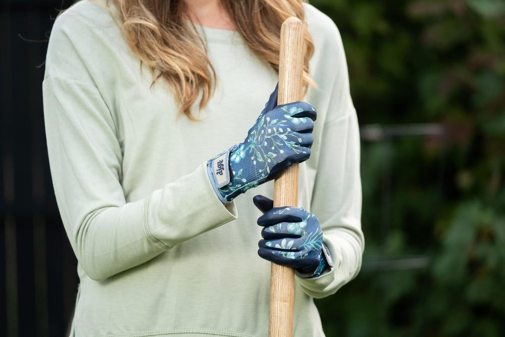 Close-up of DIGZ garden gloves with floral pattern