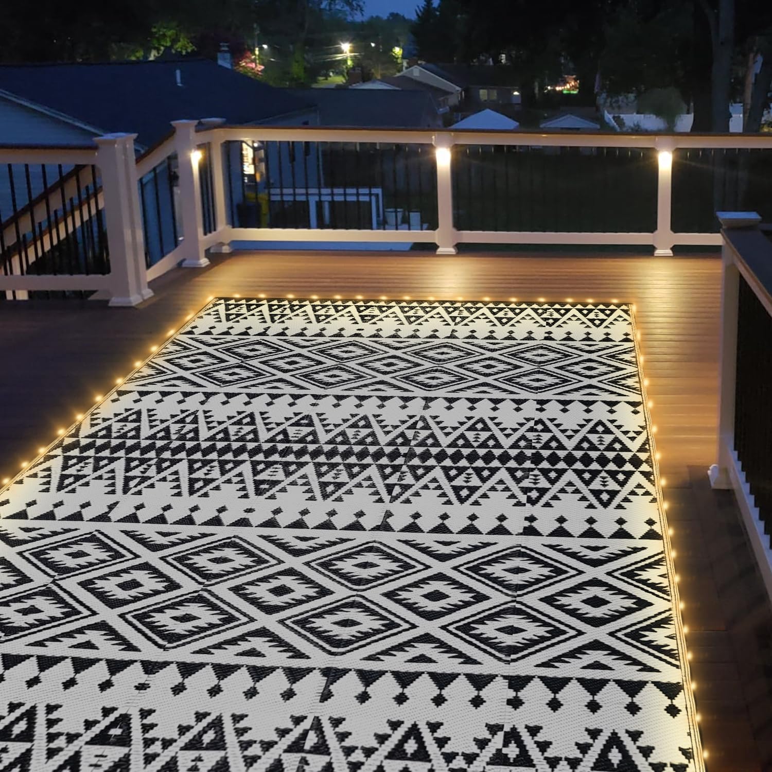 Close-up of DiiKoo outdoor rug showcasing LED strip light