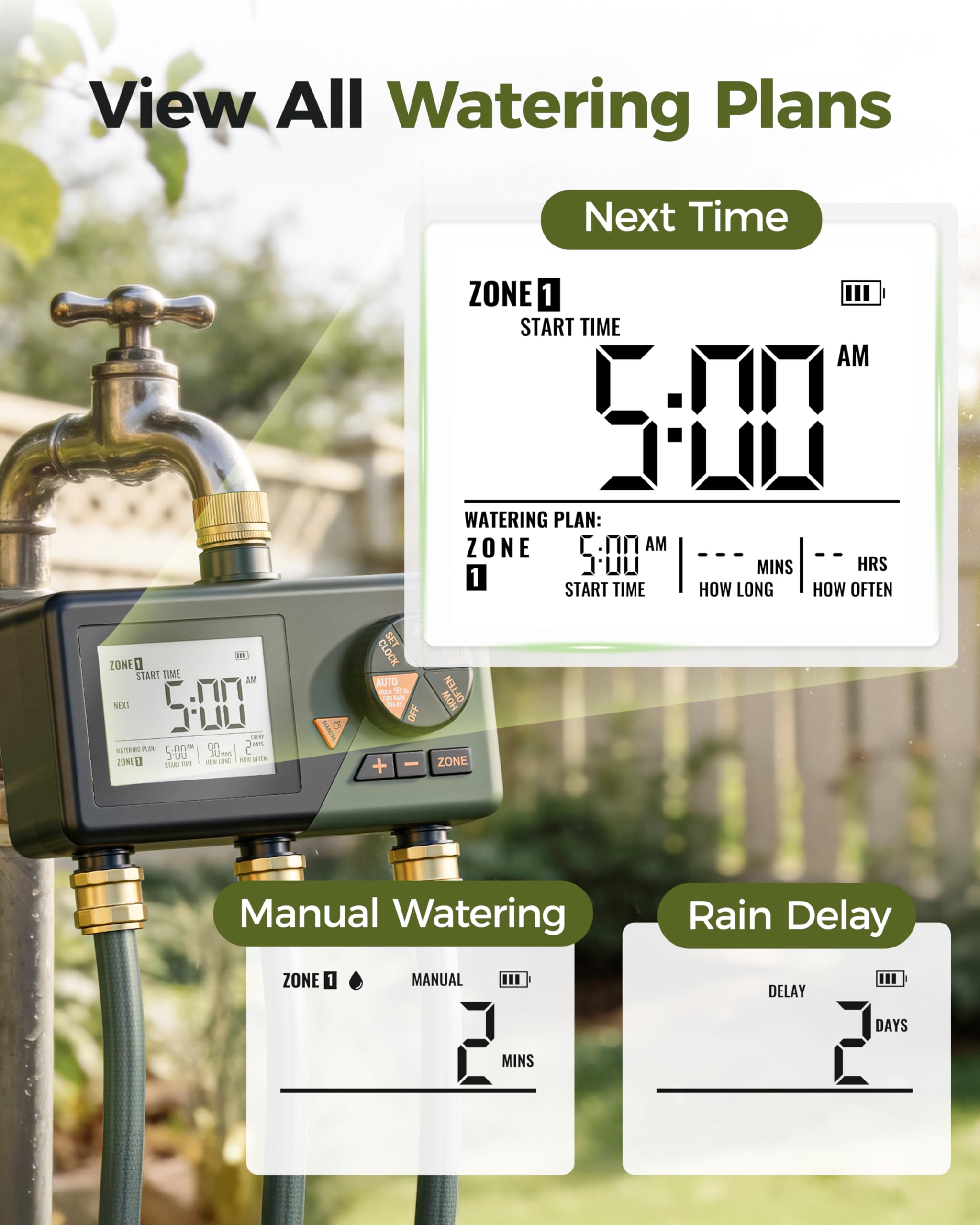 Close-up of Diivoo Brass 3 Zone Sprinkler Timer showing brass inlets