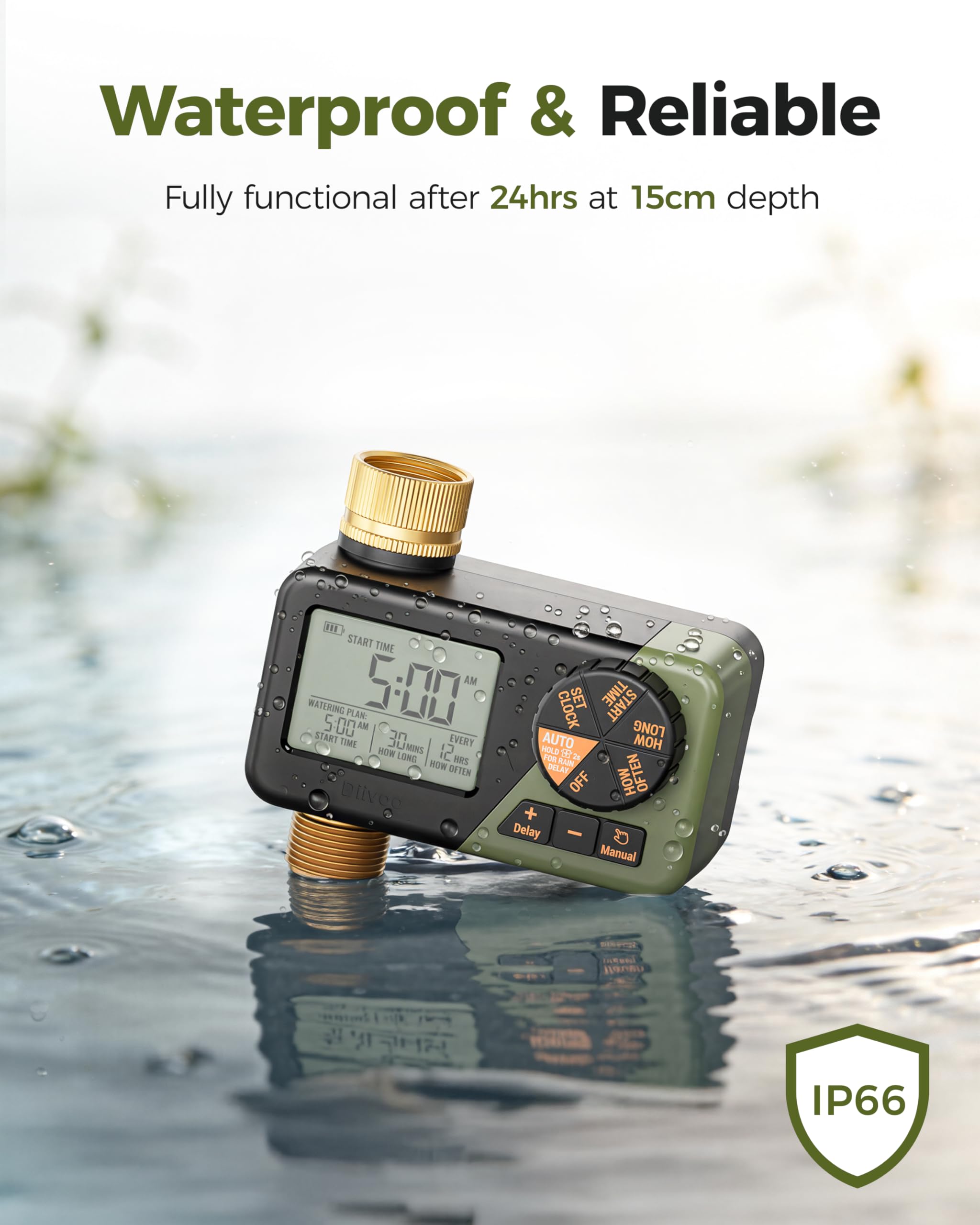 Close-up of Diivoo Brass Hose Timer's IP66-rated enclosure