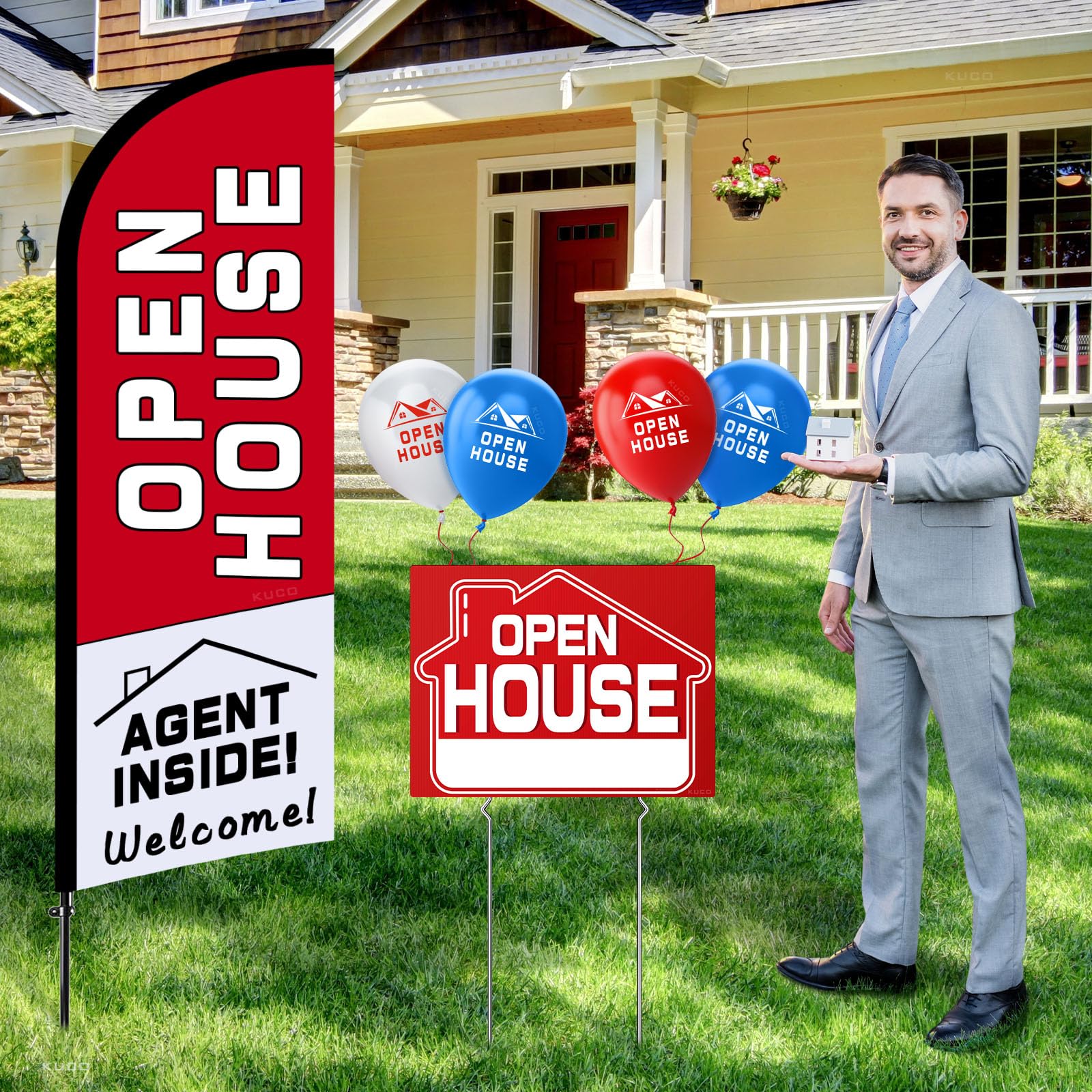 Close-up of directional arrow sign for real estate