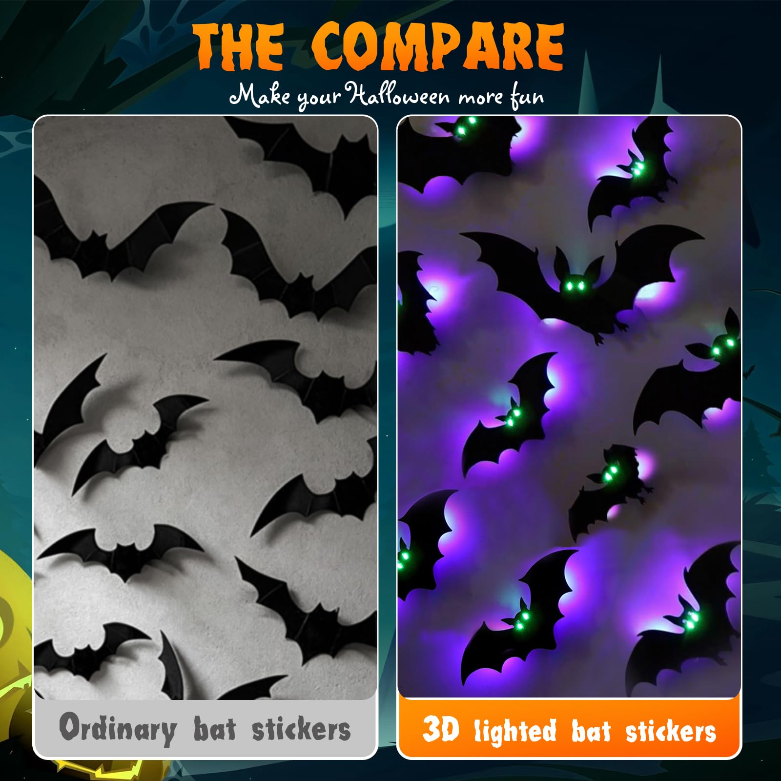Close-up of DIYASY light up bat sticker showing purple and green lights
