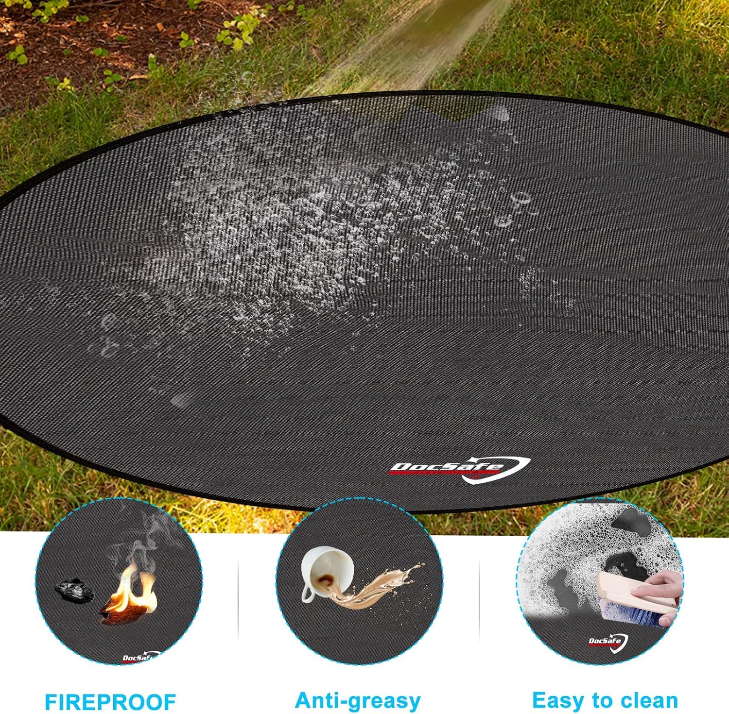 Close-up of DocSafe fire pit mat with grease stains being cleaned