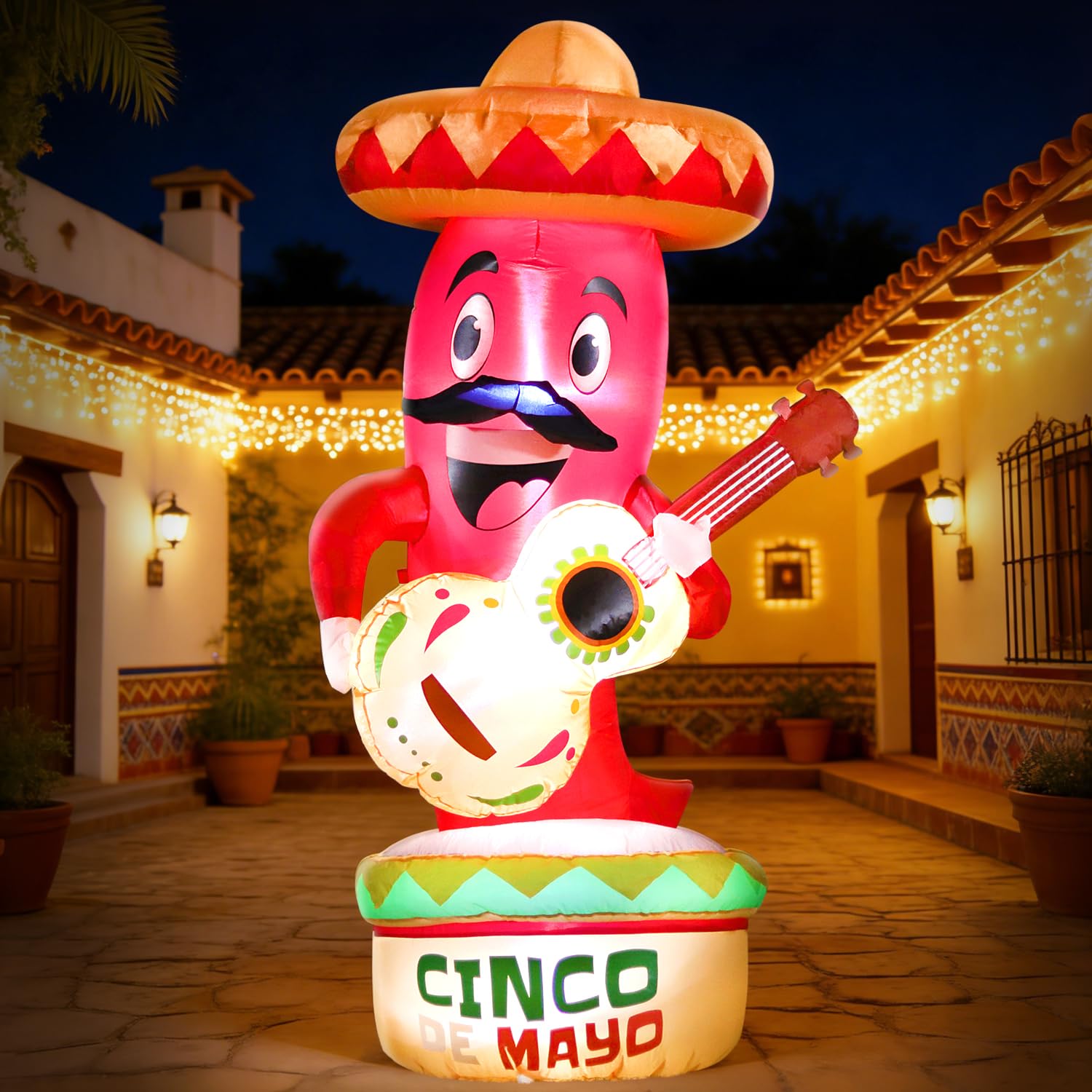 Close-up of DomKom inflatable chili's sombrero and texture