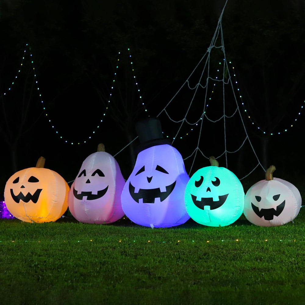 Close-up of DomKom inflatable pumpkin's colorful LED lights