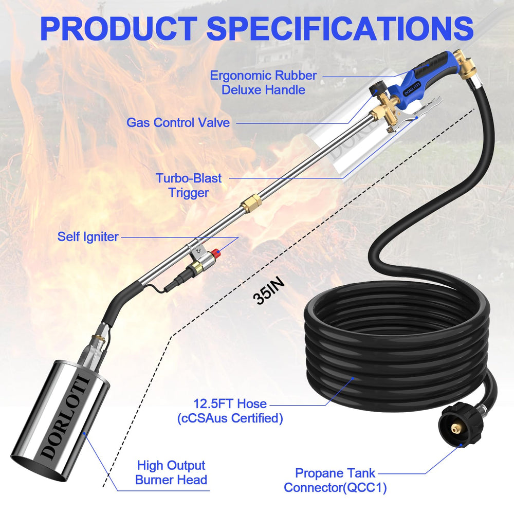 Close-up of DORLOTI propane torch igniter and adjustable flame control