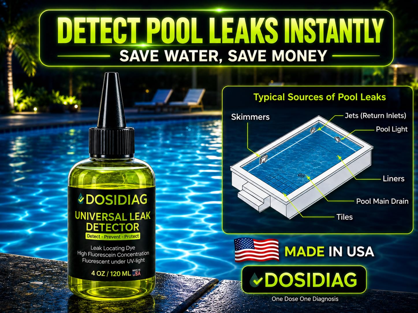 Close-up of DOSIDIAG Pool Leak Detection Dye on a surface