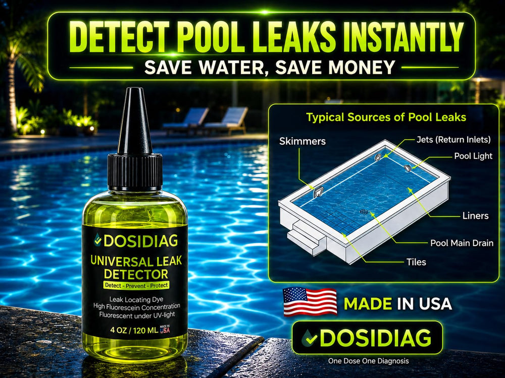 Close-up of DOSIDIAG Pool Leak Detection Dye on a surface