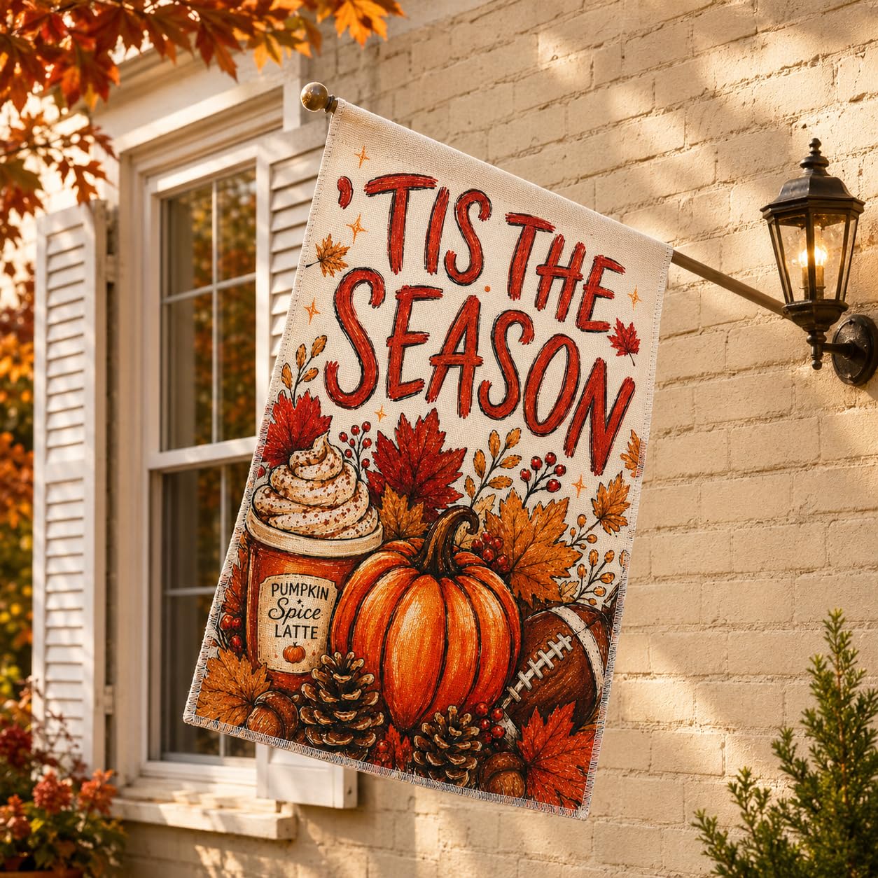 Close-up of double sided print on Fall House Flag