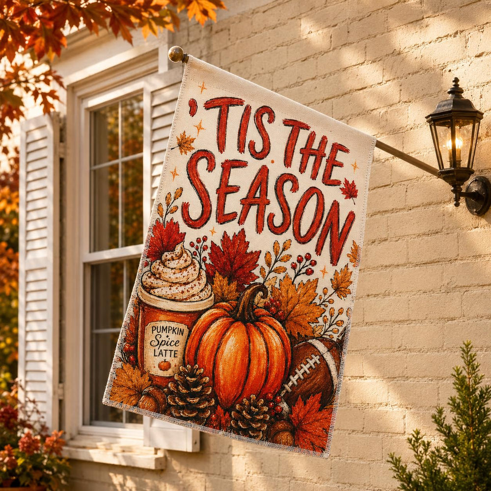 Close-up of double sided print on Fall House Flag