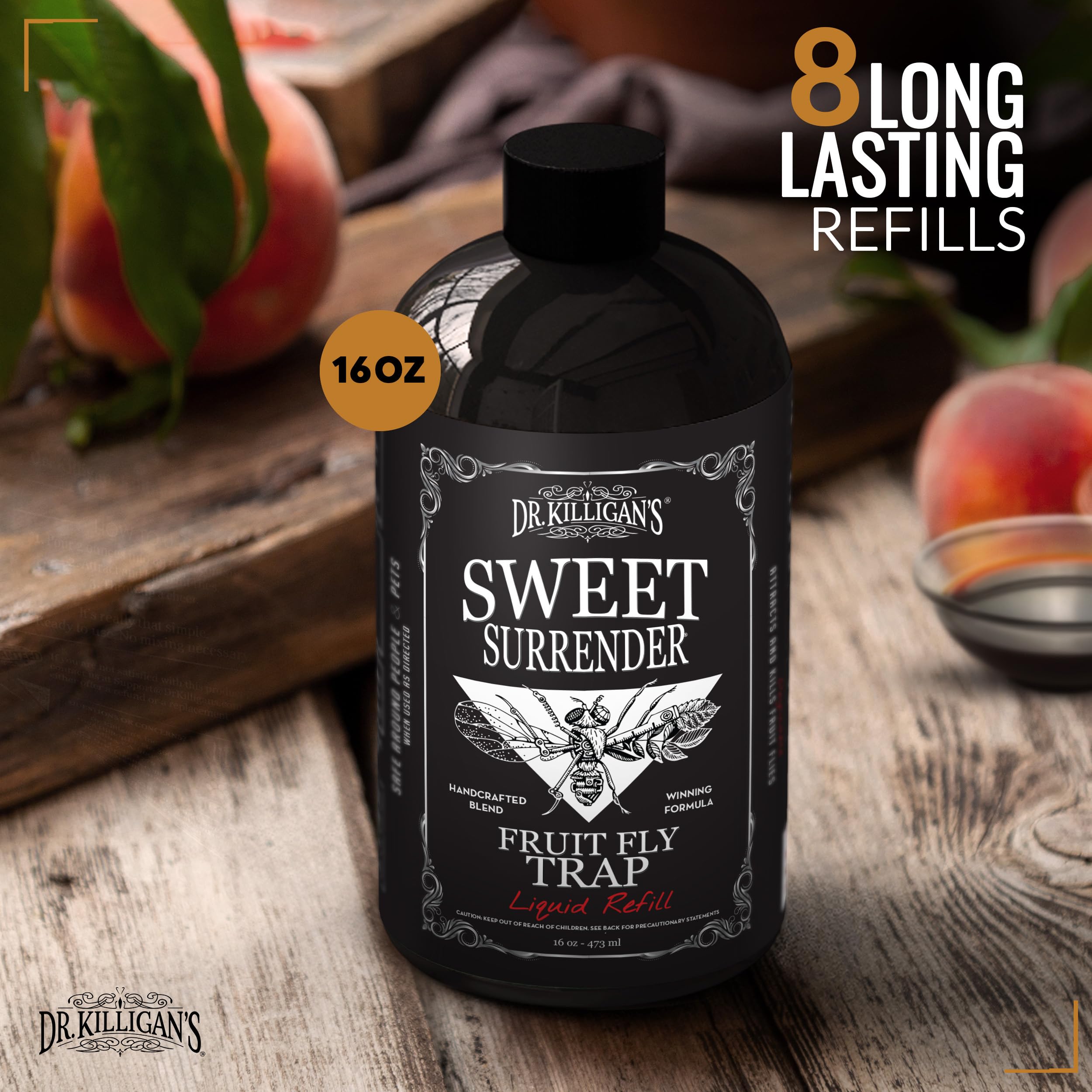 Close-up of Dr. Killigan's Fruit Fly Trap Formula liquid inside bottle