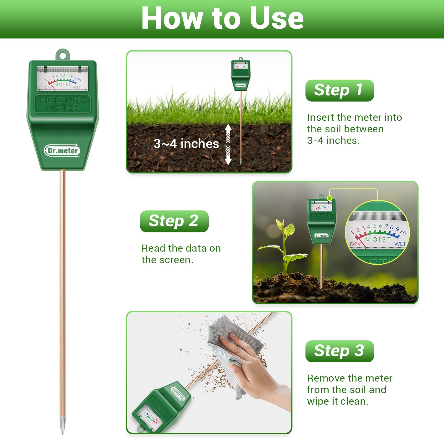 Close-up of Dr.meter Soil Moisture Meter probe