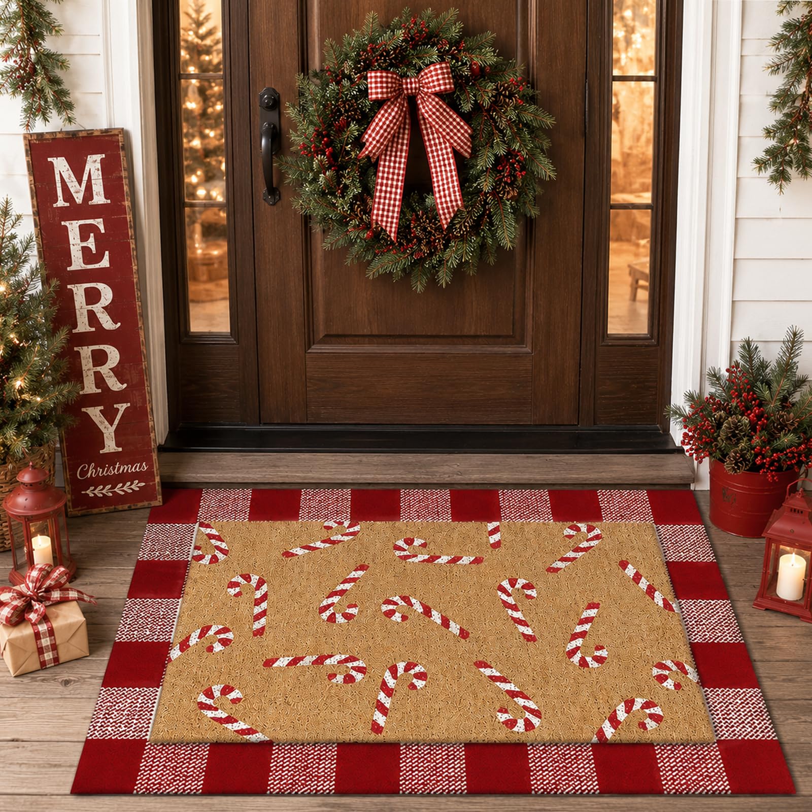 Close-up of Drydiet doormat showing red and white plaid pattern