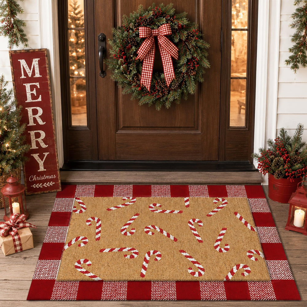 Close-up of Drydiet doormat showing red and white plaid pattern
