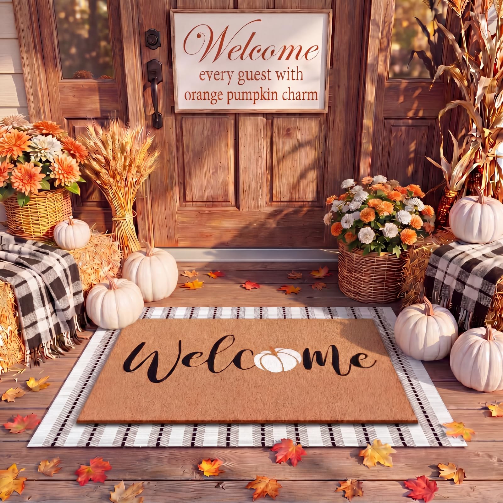Close-up of Drydiet doormat with pumpkin accent and welcome lettering