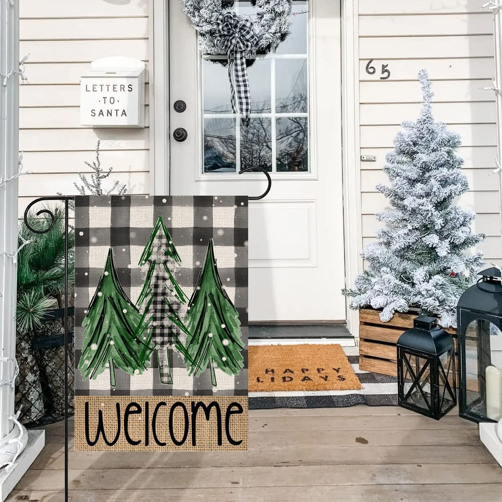 Close-up of Dsben Welcome Christmas Trees Garden Flag fabric texture