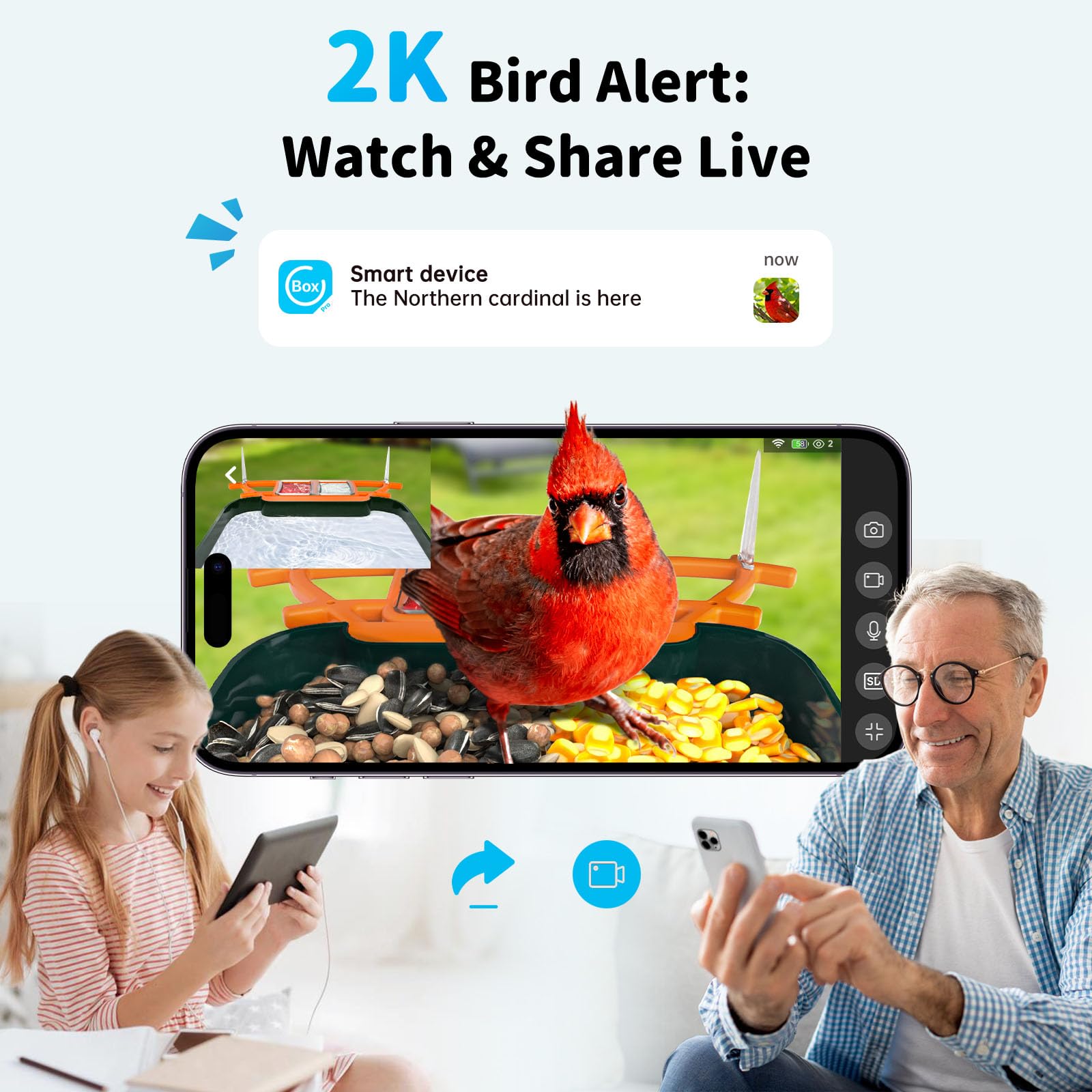 Close-up of dual-lens camera on NAVFS Bird Feeder