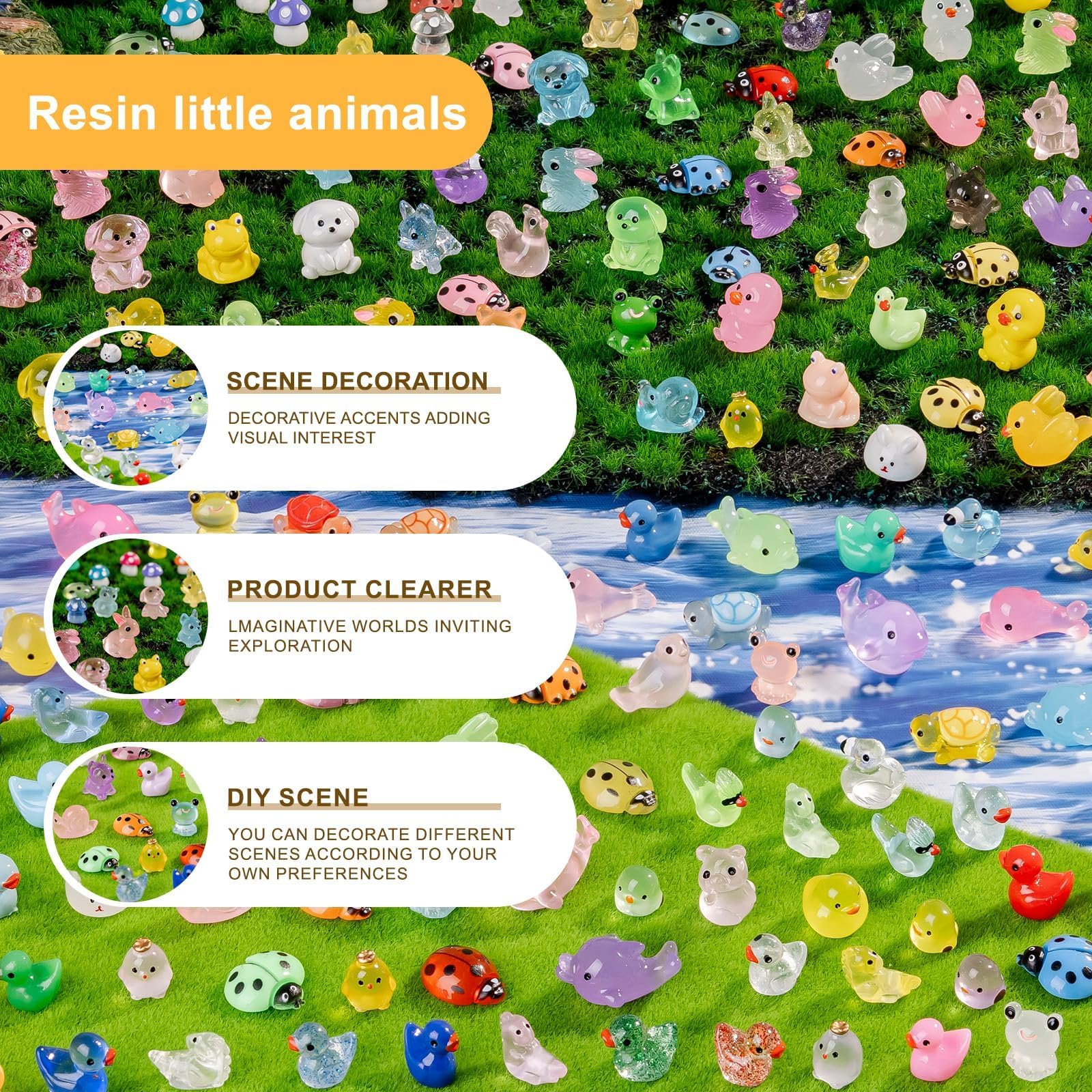 Close-up of duck and frog mini resin animals