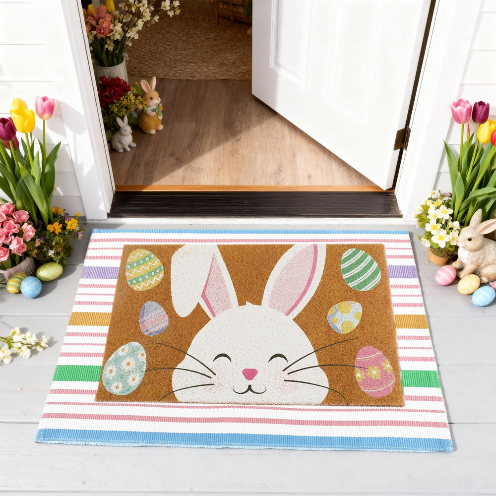 Close-up of Duraaamo colorful striped rug for outdoor use