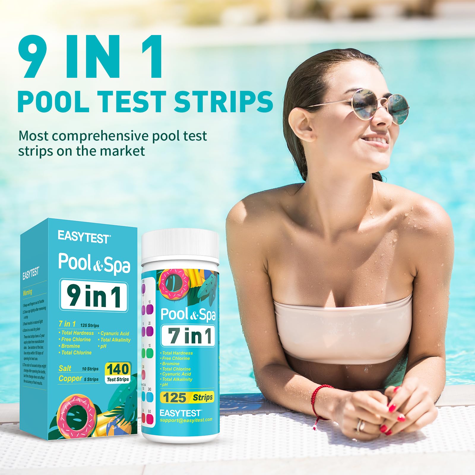 Close-up of EASYTEST pool test strip with colour chart