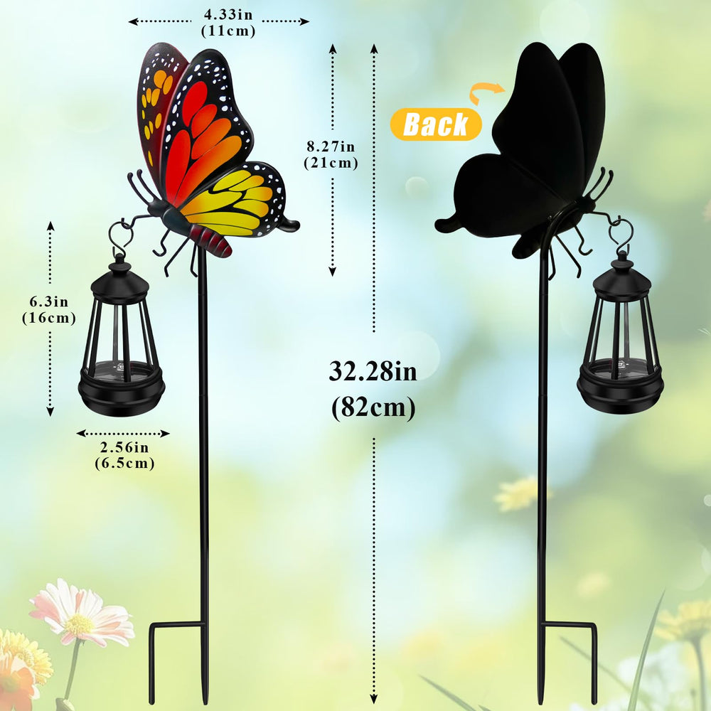 Close-up of EDOF butterfly garden stake with solar light