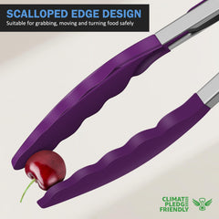 Close-up of EEKEDO cooking tongs showing scalloped edges
