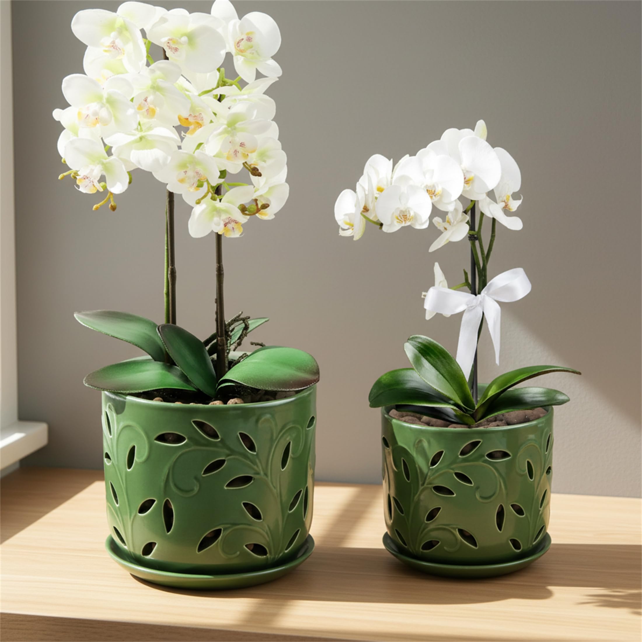 Close-up of EFISPSS ceramic pot with green glaze finish