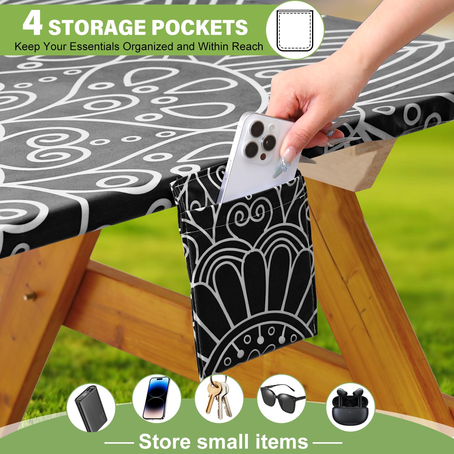 Close-up of elastic edge design on table cover