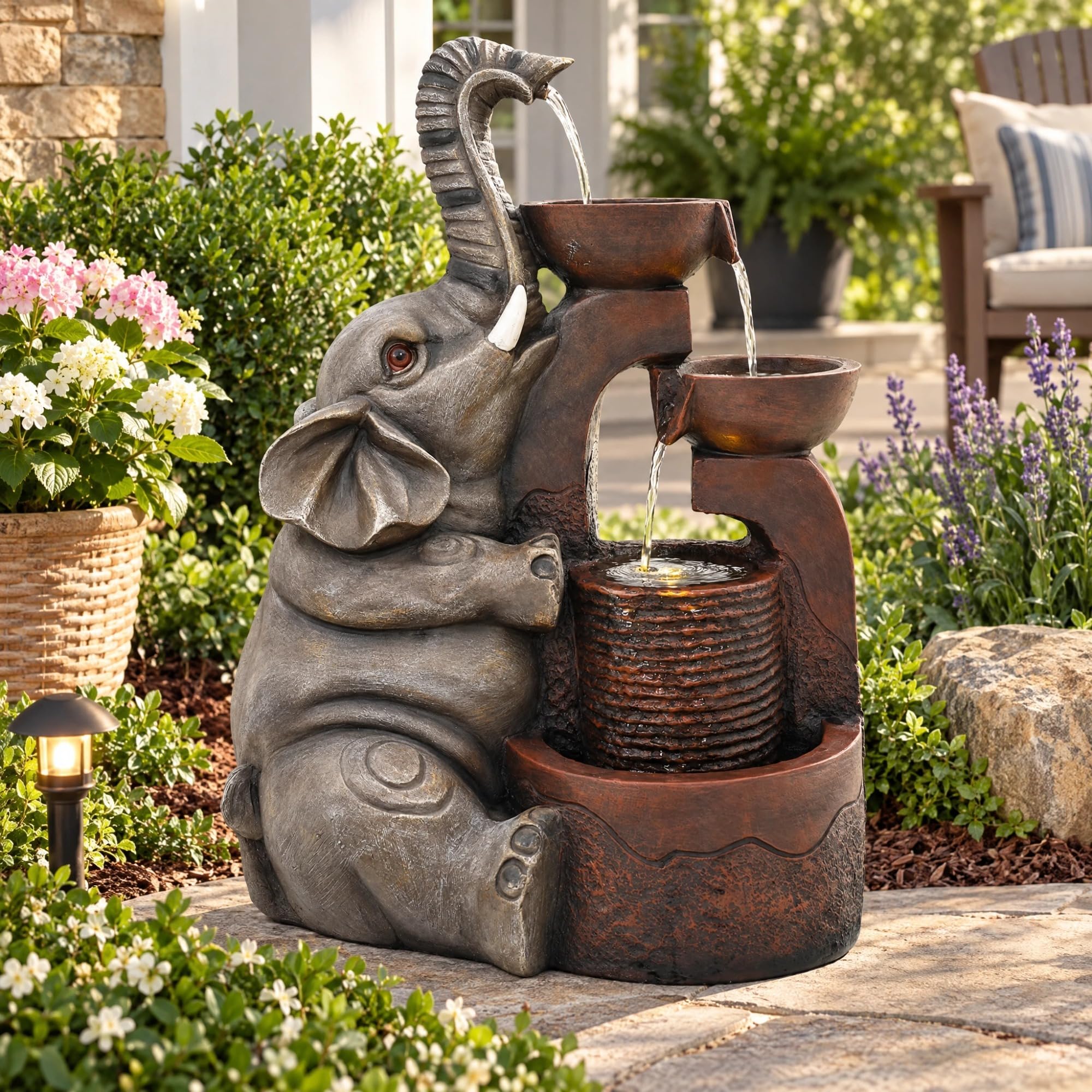 Close-up of elephant sculpture on Ultym outdoor fountain