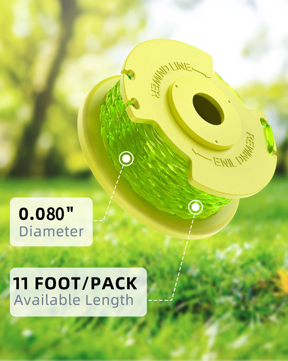 Close-up of Eventronic string trimmer spool, yellow nylon material