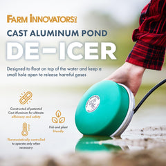 Close-up of Farm Innovators Floating Pond De-Icer with thermostat