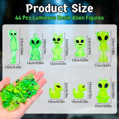 Close-up of Feivando mini alien figures in green color