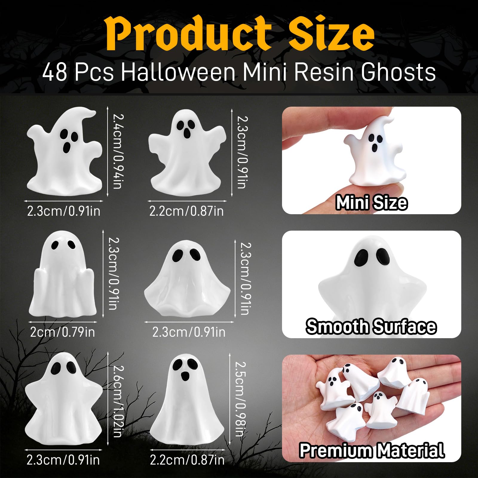 Close-up of Feivando mini ghost figurines displaying vivid expressions