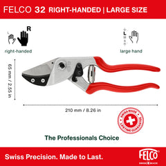 Close-up of FELCO F32 carbon steel blade and rubber grip