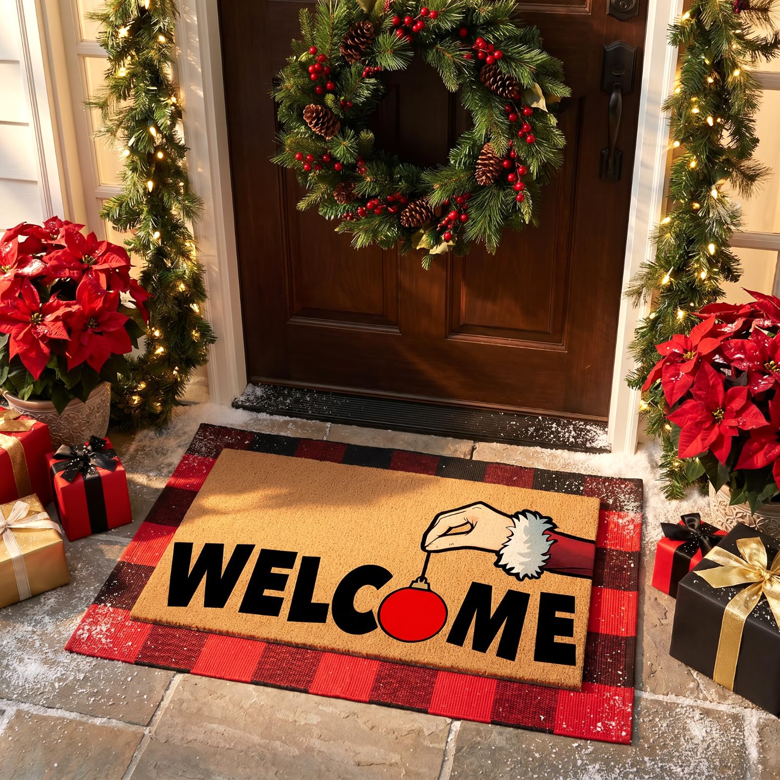 Close-up of festive Santa ornament on Christmas doormat