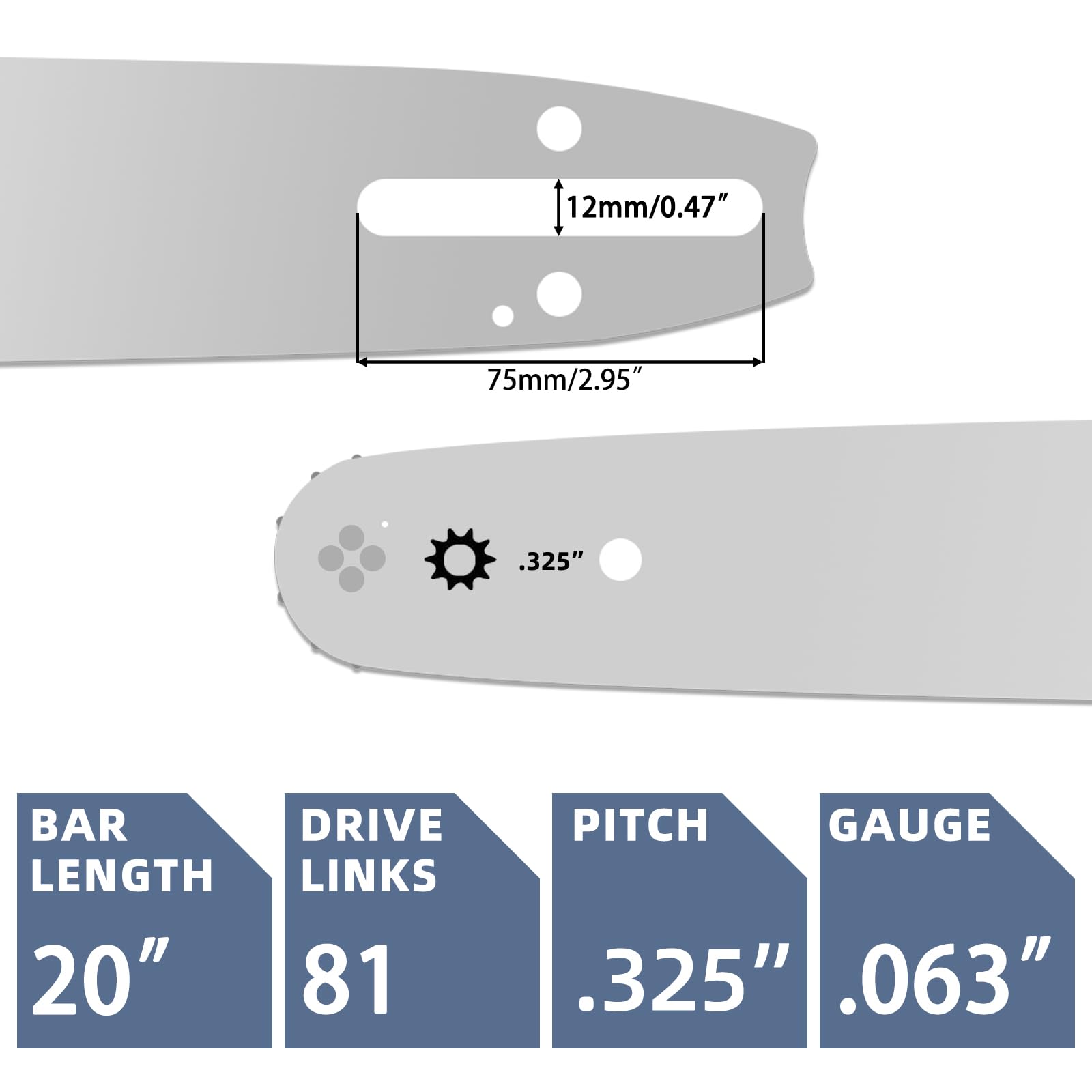 Close-up of Fifchall chainsaw bar specifications