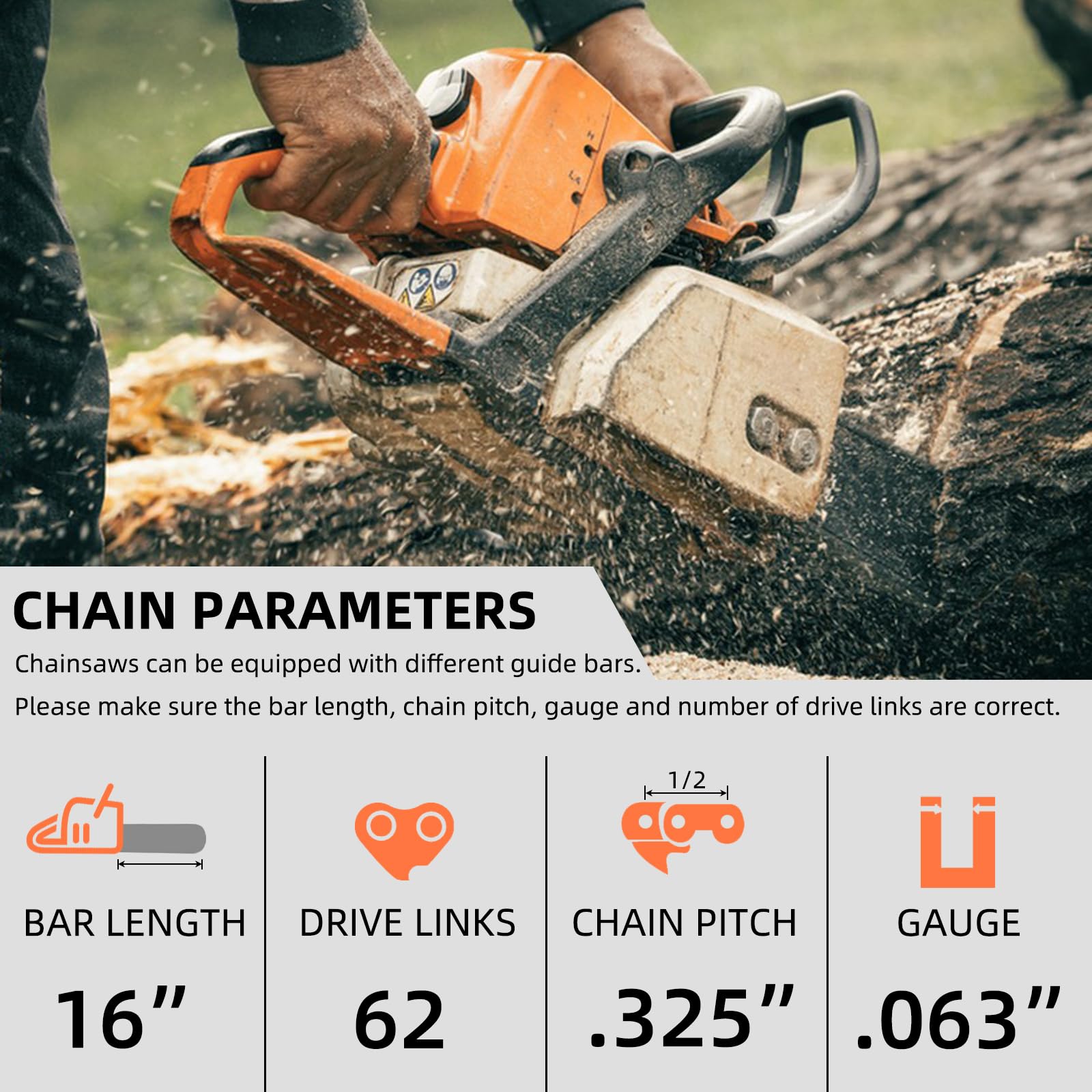 Close-up of Fifchall chainsaw chain specifications
